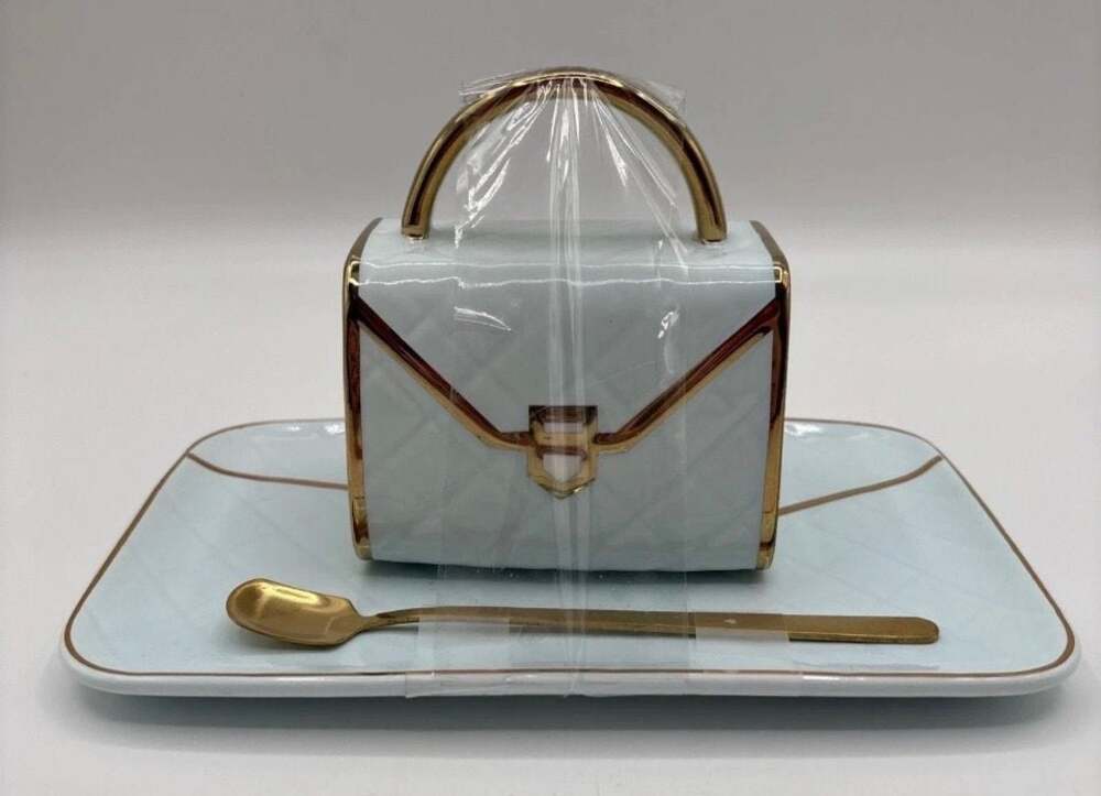 Handbag Shaped Ceramic Coffee Mug with Matching Saucer and Spoon, Blue and Gold
